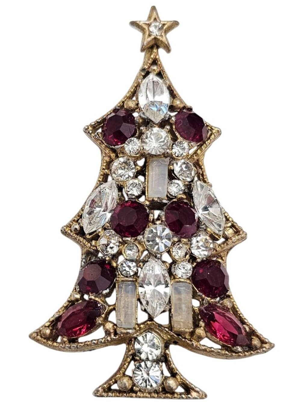 Regency Gold Tone Red Clear Rhinestone Christmas Tree Brooch Signed, J5